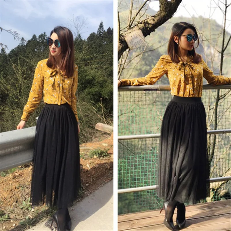 Tulle Gauze Skirt Spring Summer Retro Pleated Midi Long High Waist Pettiskirt women's Jupe Longue | Женская одежда