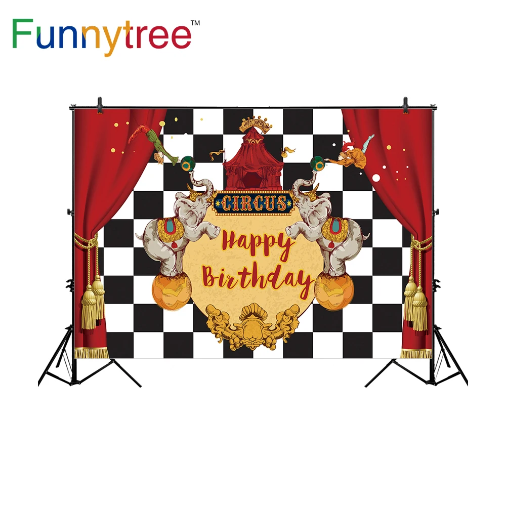 

Funnytree фоны для фотостудии черно-белая клетчатая цирковая тематика день рождения Слон фон фотобудка для фотосессии