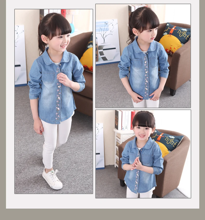 Weoneit Kids Girls Shirts Spring Autumn Children Embroidery Floral Denim Blue Shirt Long Sleeve Blouses Kids Girls Clothes