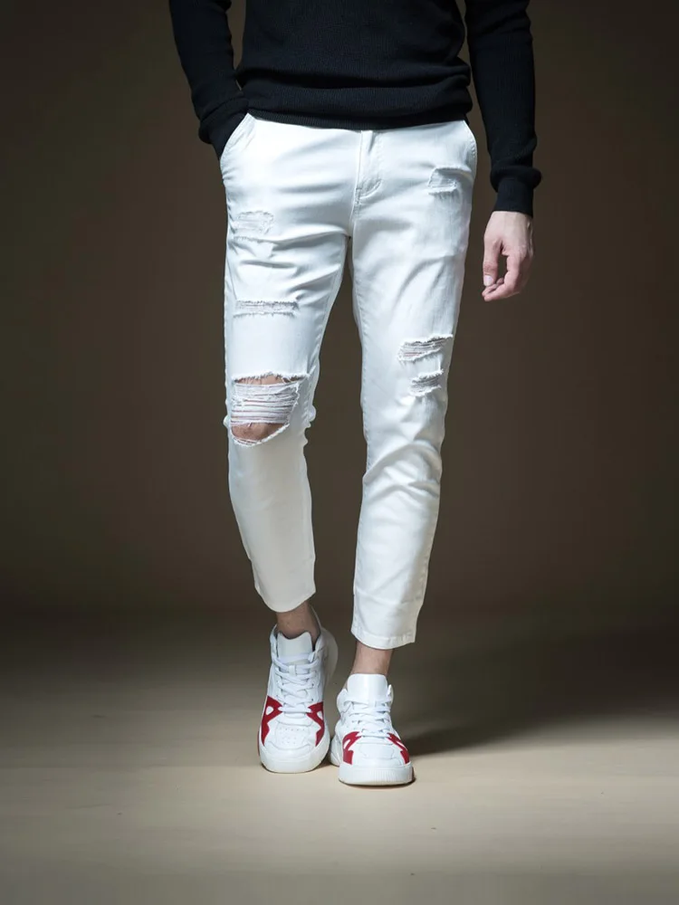 Мужские джинсы полной длины популярные ковбойские брюки с дырками и вышивкой