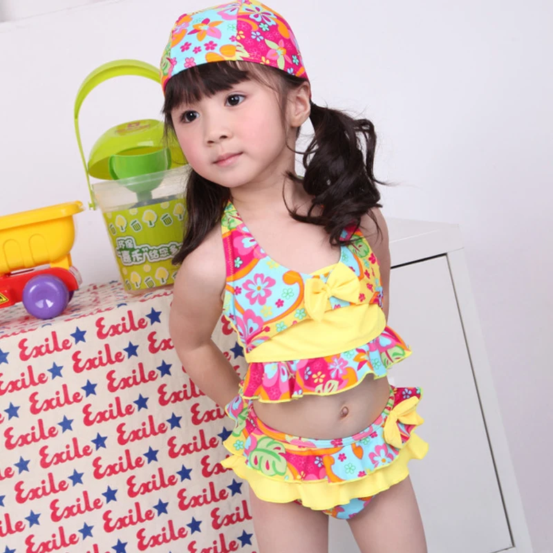 

s01 Summer bikini section cute printing children swimsuit lace girl swimsuit swim trunks Swimming cap swimming suit sets