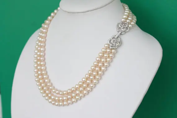 ????? 天然淡水真珠のネックレス AA 7-8 ミリメートル 3 行本物の真珠ジュエリー