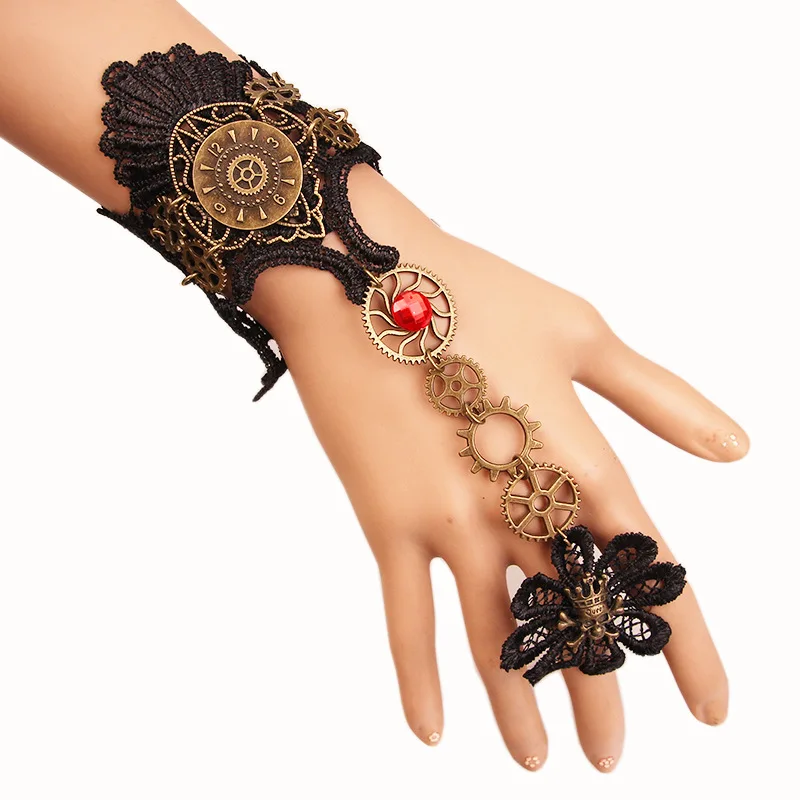 Retro Steam Engine Gear Bracelet Lace Skull Female Creativity Halloween Ring Hand Jewelry | Украшения и аксессуары