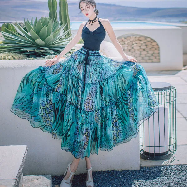 Two sets Летние богемные шифоновые Цветочные цыганские boho женские макси длинные тюлевые юбки/комплект из двух предметов пляжная плиссированная юбка женская - Цвет: Two sets