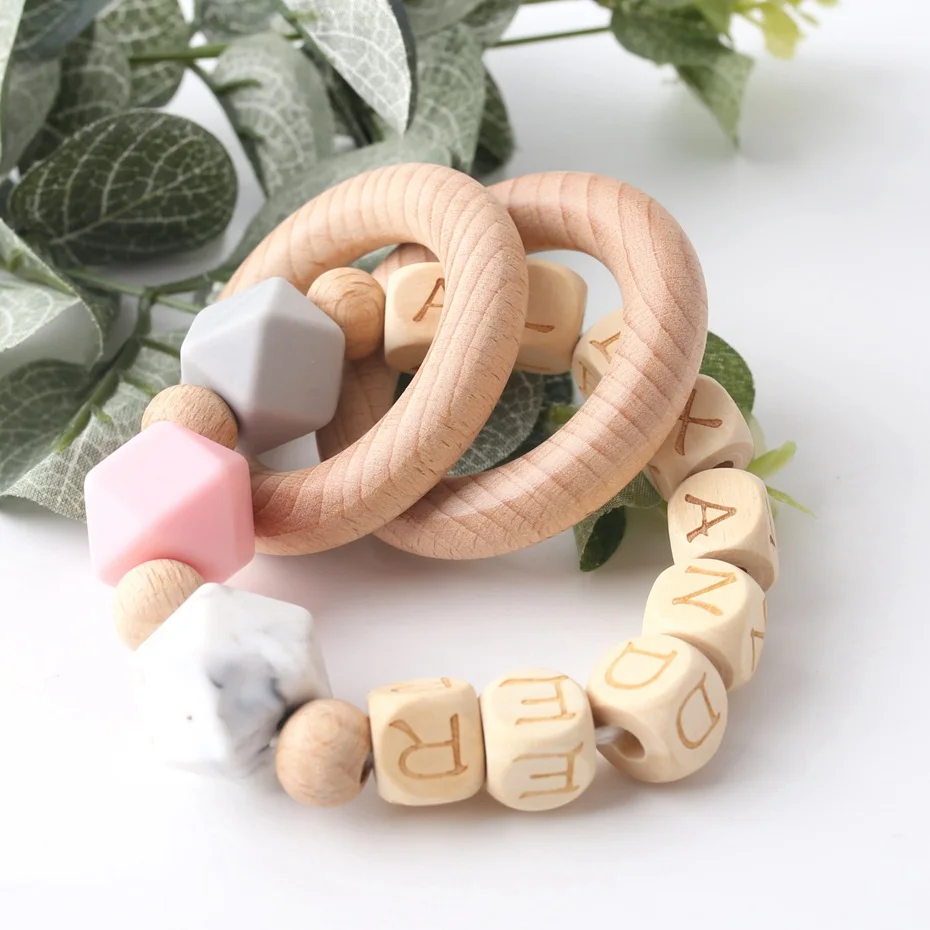 Bracelet Pink Давайте сделаем детский прорезыватель, браслет из бука, деревянное кольцо, настраиваемое имя, персонализированные пищевые материалы, деревянные Прорезыватели для зубов, детские товары - Цвет: Bracelet Pink
