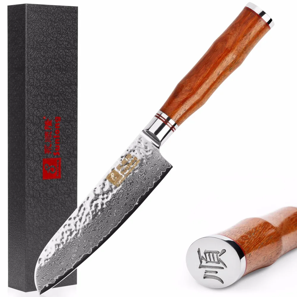 Sunlong Santoku 5 дюймов шеф повара ножи японский VG10 кованые Дамаск натуральный