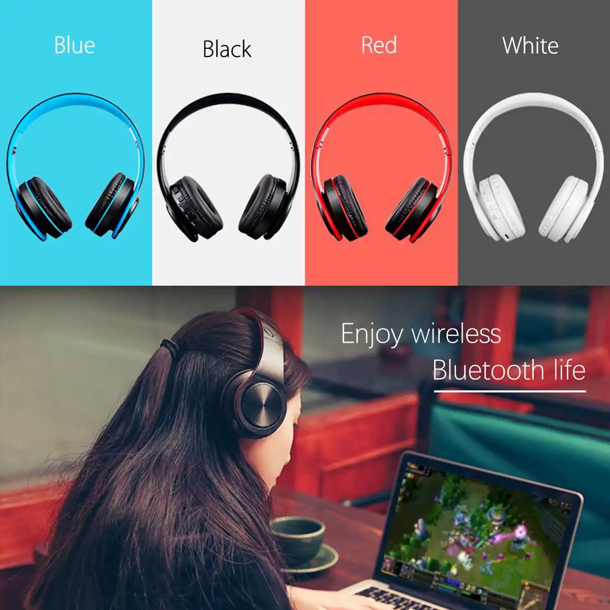 Беспроводные наушники bluetooth 5,0, складные басы, стерео гарнитура, наушники с микрофоном, FM, TF карта, AUX, USB, для iPhone, сотового телефона