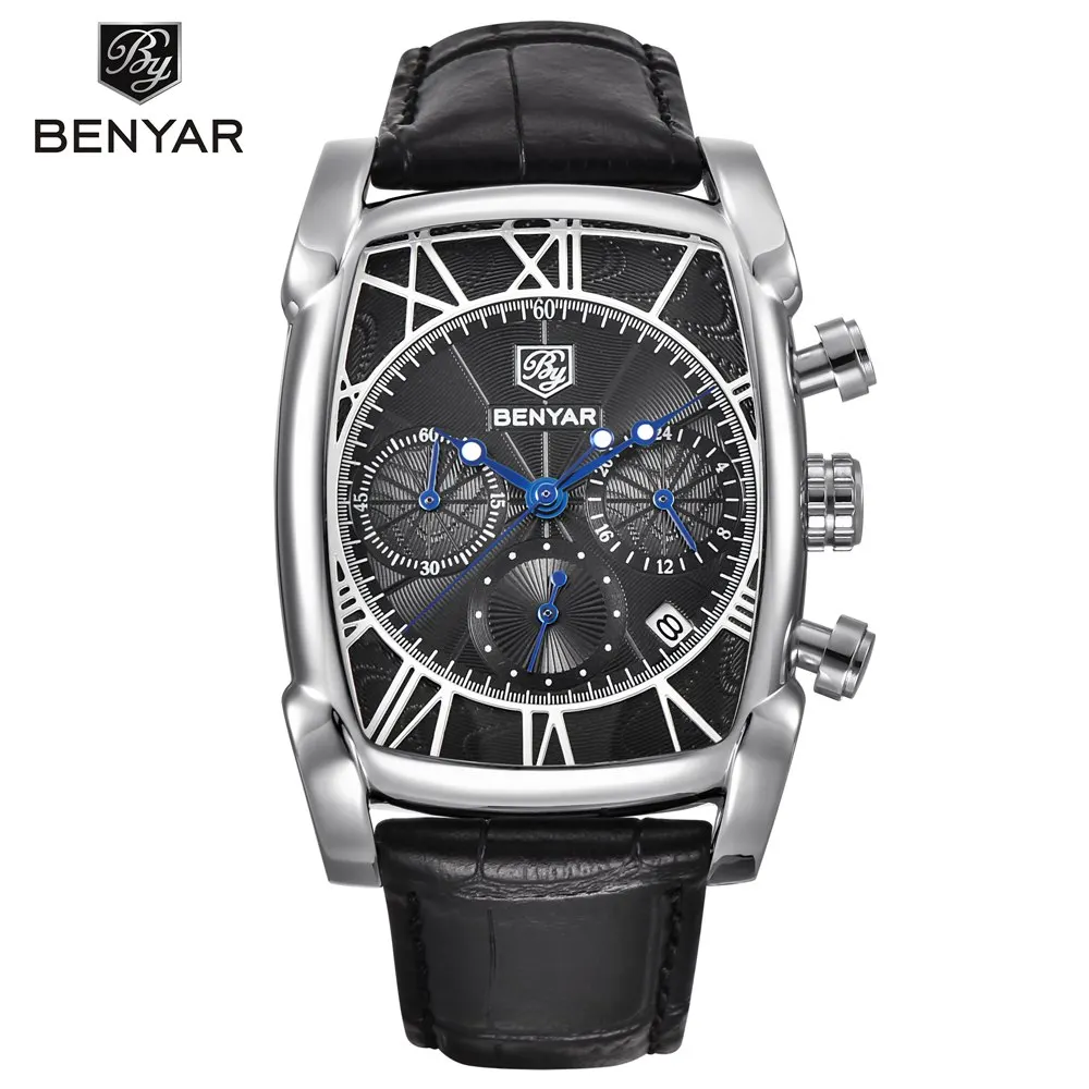 silver black Benyar квадратные мужские часы лучший бренд класса люкс Бизнес водонепроницаемые кварцевые кожаные спортивные наручные часы Мужские часы Relogio Masculino - Цвет: silver black