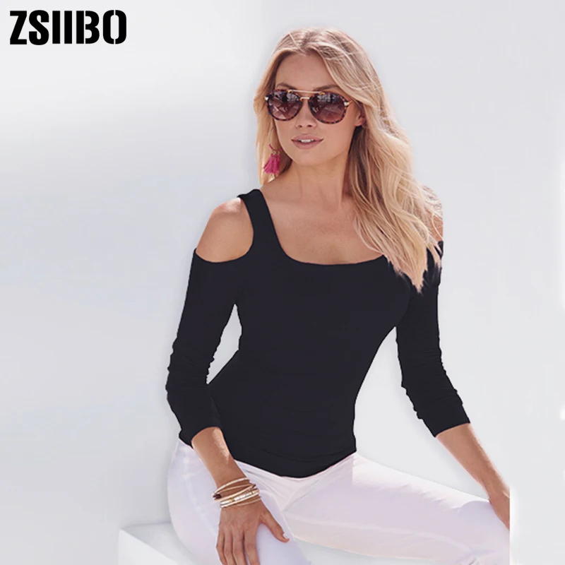 ZSIIBO Женская эластичная футболка с длинным рукавом и открытыми плечами повседневные топы Прямая