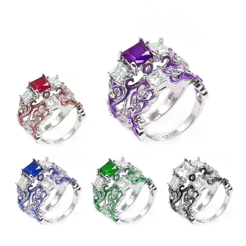 925 anillos, серебряное, 2 шт, обручальное, для пары, для женщин, цвет, кристалл, циркон, сердце, модное кольцо, для девушек, любовь и блеск, изумруд, ювелирное изделие