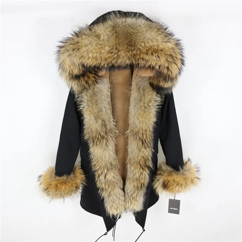 black natural Женская парка с натуральным лисьим мехом OFTBUY, бежевое пальто с отделкой из лисьего меха, свободная длинная парка, верхняя одежда со съемным мехом, зима - Цвет: black natural