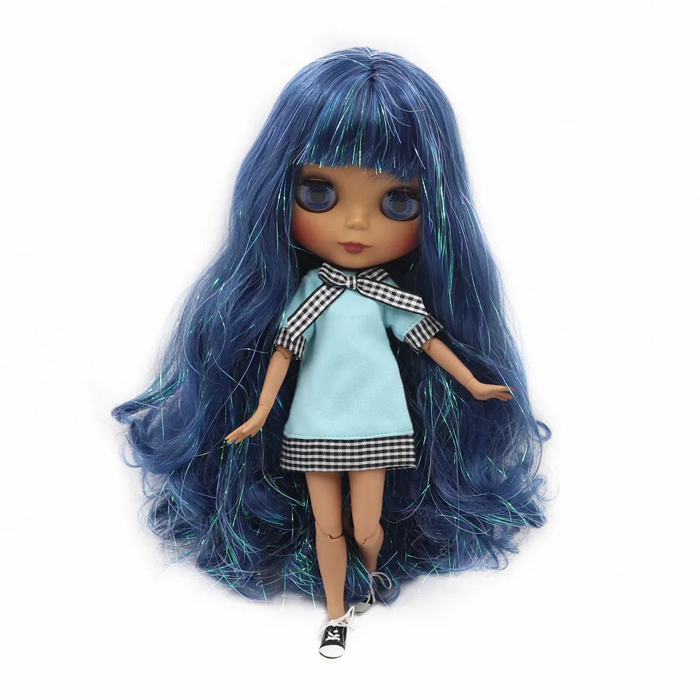 Ледяной DBS Blyth кукольные 1/6 bjd с темной кожи сияющей голубые волосы и матовый