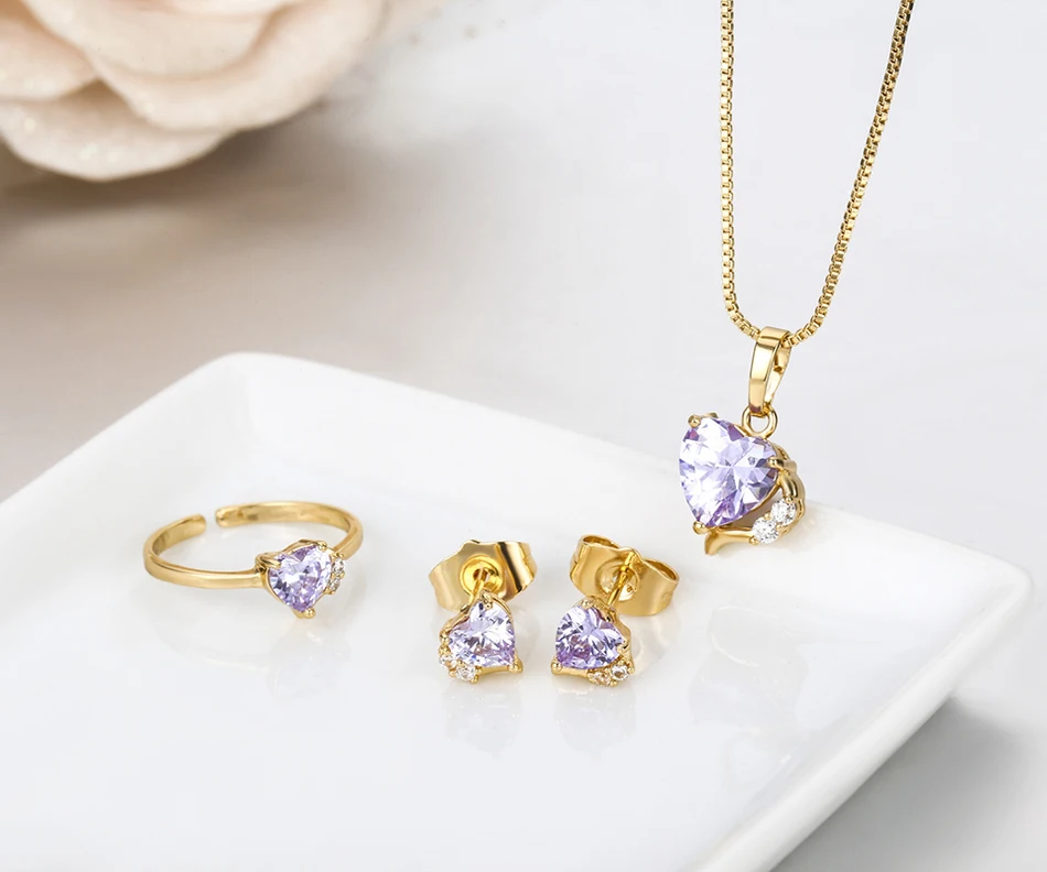 Подвеска в виде сердца фиолетового цвета кубический циркон ожерелье серьги