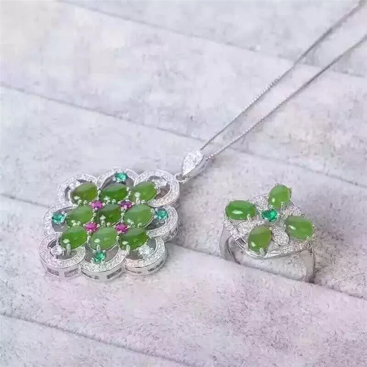 

KJJEAXCMY boutique jewels 925 sterling silver and natural hetian jasper ring + necklace + pendant set silk spider jewelry mnjh