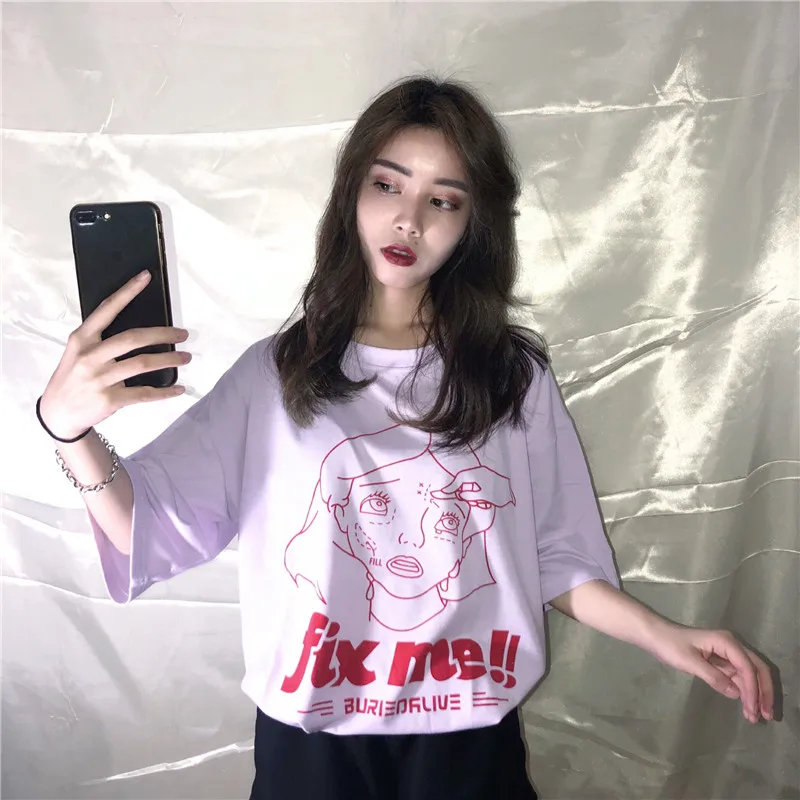 Женские футболки топы японские кавайные дамские свободные Ulzzang с мультяшным