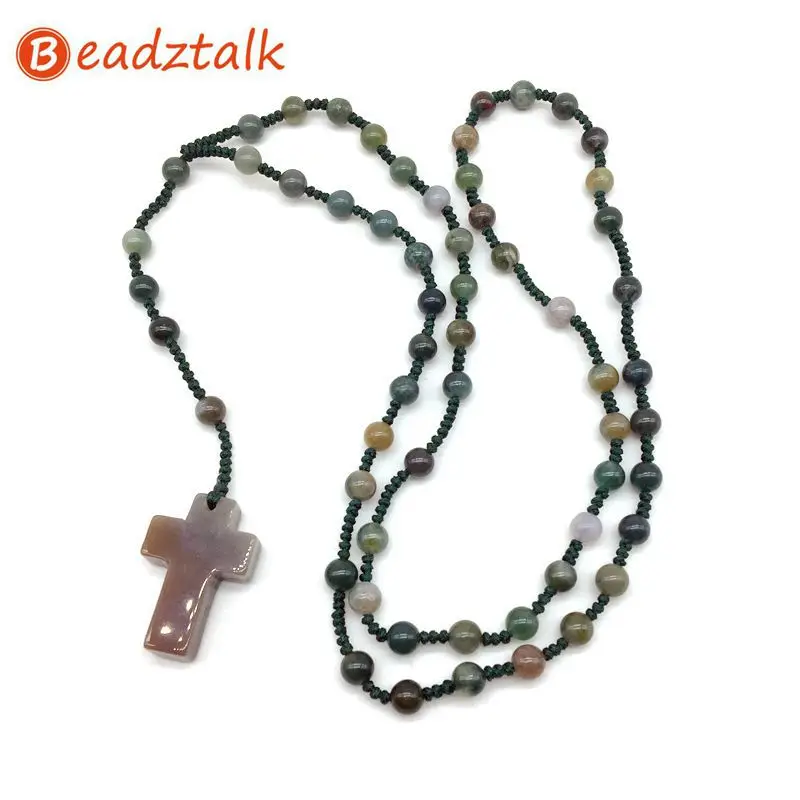 Beadztalk для мужчин и женщин католический Христос камень бусины 6 мм Четки бисера крест кулон тканые веревки ожерелье синий черный зеленый и т. Д