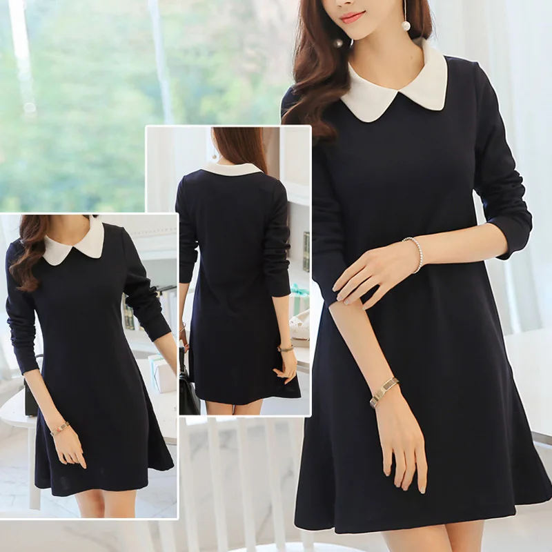2018 школьные платья модные женские офисные черное платье с белым воротником