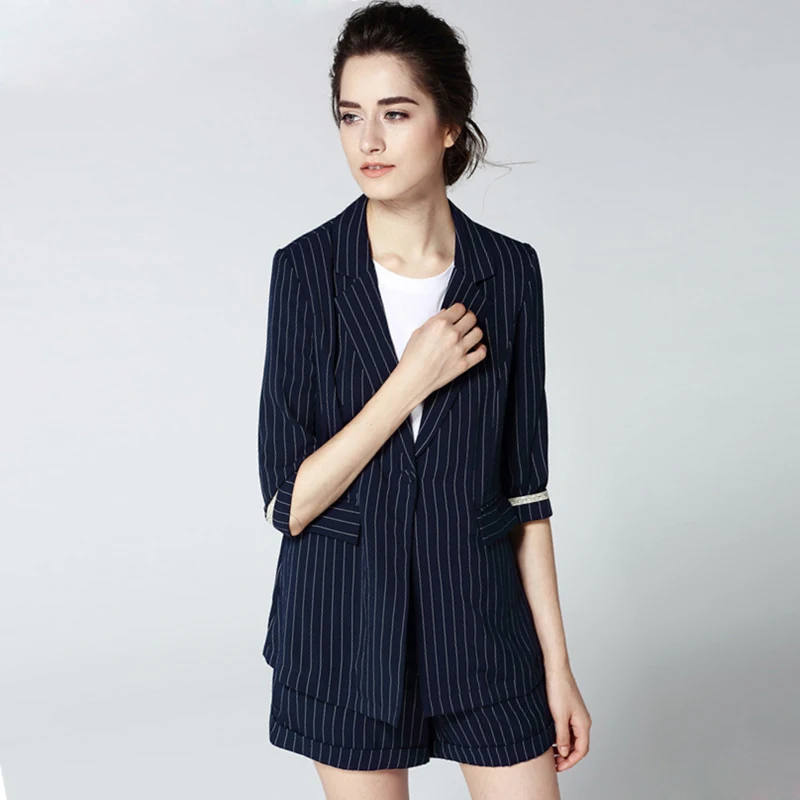 65% Linen Suits Women Two- Pieces Set Striped Casual Blazers Top Pockets Shorts 2 Colors High-grade Fabric New Fashion 2018