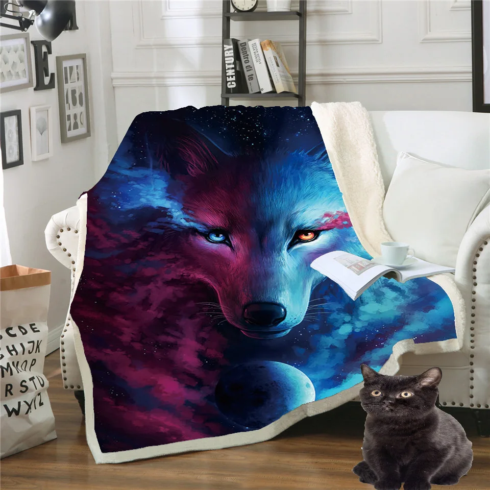 Модное покрывало шерпа для кровати с рисунком Черного Волка и кристаллами