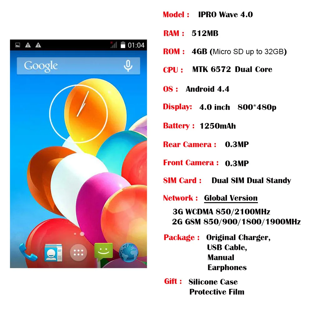 Оригинальный ipro волна 4.0 512 МБ + 4 ГБ мобильного телефона MTK6572 Android 4.4.2 смартфон Dual Core
