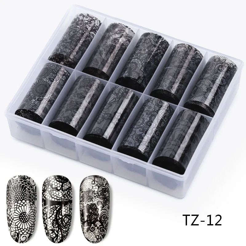 TZ-12 10 рулонов, 4*120 см, голографические наклейки для ногтей, 24 дизайна, цветок, звездное небо, Лазерная Фольга для ногтей, набор переводных наклеек, сделай сам, наклейки для маникюра - Цвет: TZ-12