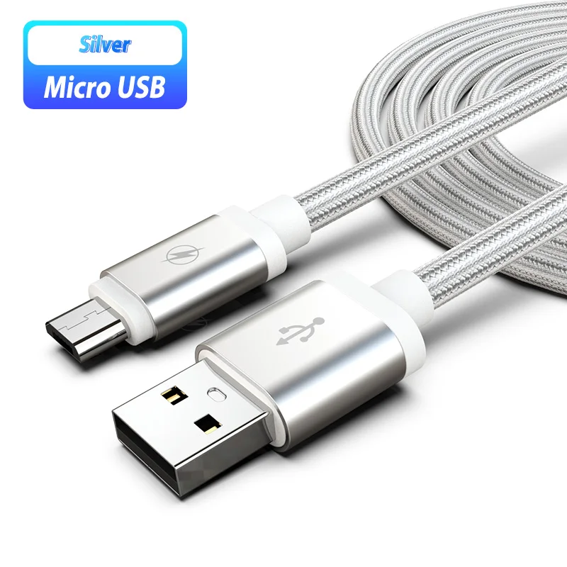 silver Микро USB кабель для телефона, зарядный Usb шнур, нейлоновый Usb кабель для зарядки samsung Galaxy J5 A7 A10 M10 LG W30 Redmi 8 8A - Цвет: silver