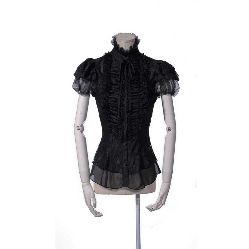 

RQ Series Gothic Women T-shirt Punk Black Lace T Shirt Slim Red Puff Sleeve T-Shirt Lolita Single Breasted Tees