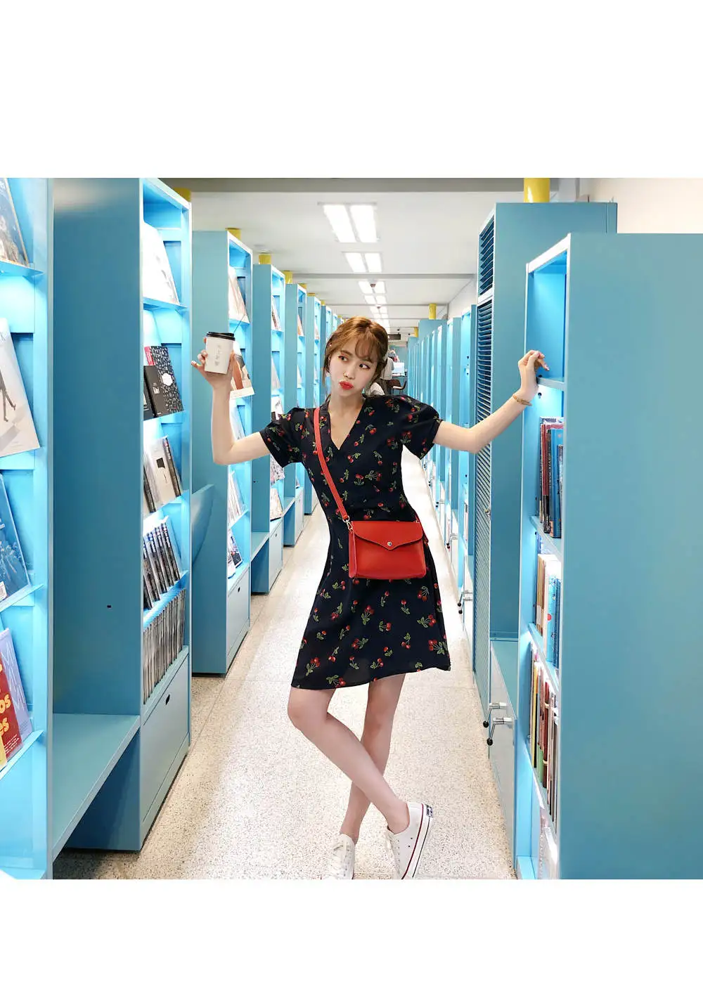picture color RUGOD, летнее женское платье, v-образный вырез, короткий рукав, вишневый принт, тонкое, а-силуэт, Vestidos, винтажное, милое, Modis Mujer платье - Цвет: picture color