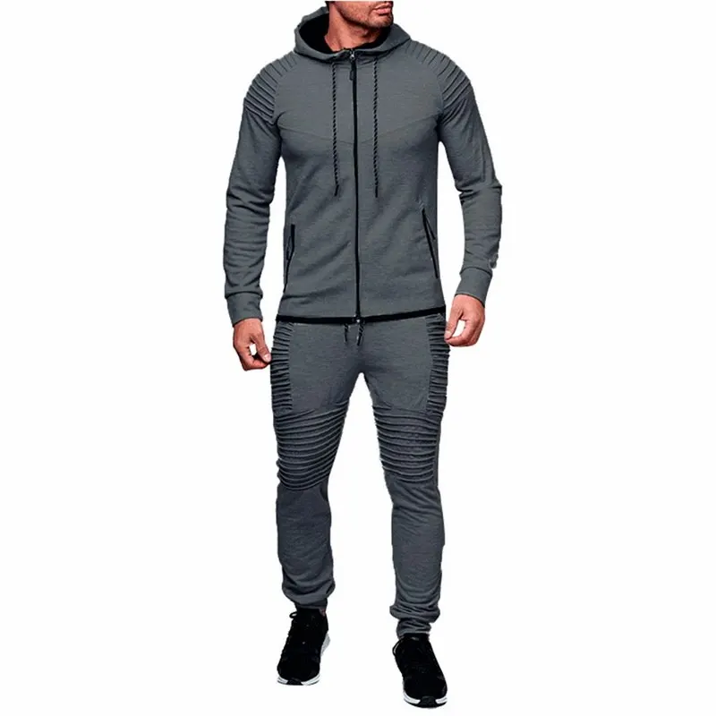 Dark gray Set C HEFLASHOR, мужская спортивная одежда на шнурке, модный однотонный спортивный костюм, Толстовка и штаны, повседневные толстовки на молнии, верхняя одежда - Цвет: Dark gray Set C