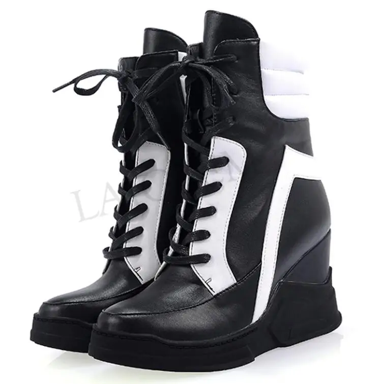 LGZ581 Black LAIGZEM/модные женские ботильоны на танкетке и каблуке со шнуровкой; короткие кроссовки ручной работы; женская обувь; Botines Mujer; размеры 34-43 - Цвет: LGZ581 Black