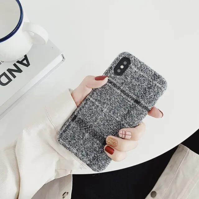 Модный серый плюшевый чехол в клетку для iPhone XS MAX XR X, сетчатый тканевый чехол для iPhone 8, 7 Plus, 6, 6 s, зимний полуобернутый чехол s