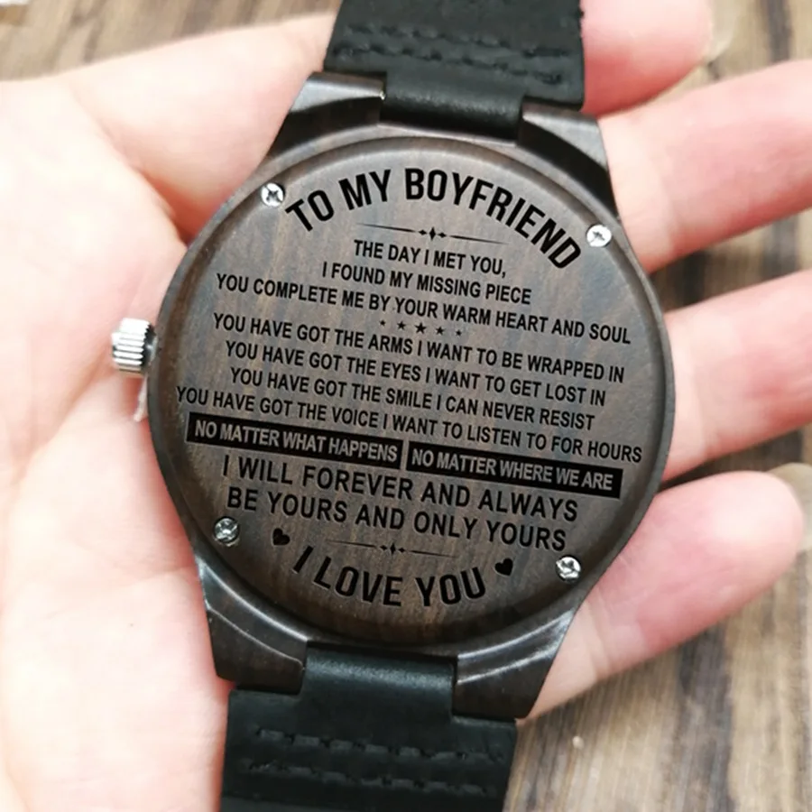 W1201 Деревянные часы с гравировкой «To My Boyfriend», Роскошные мужские часы на день рождения, праздник, годовщину, военные Подарки для него, наручные часы из черного дерева - Цвет: W1201