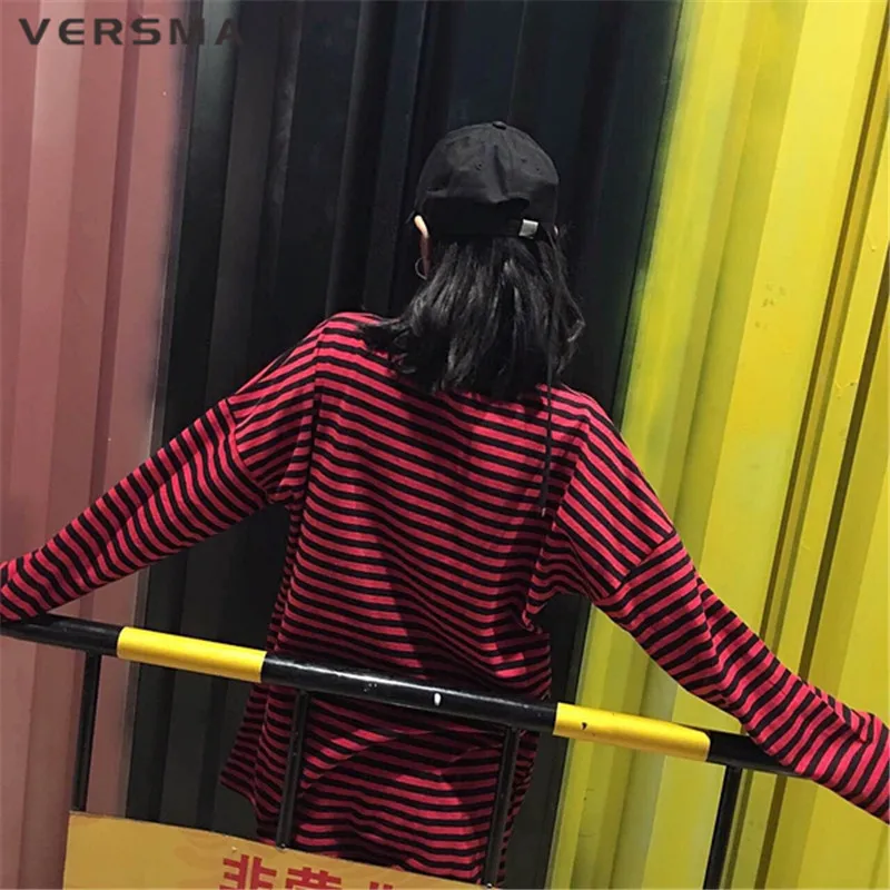 VERSMA корейский Ulzzang Harajuku GD черно-белая полосатая футболка для мужчин и женщин унисекс свободная негабаритная футболка с очень длинным рукавом для пары