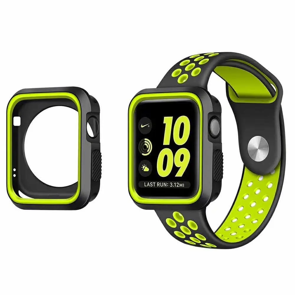 Black Green Силиконовый чехол+ спортивный ремешок для наручных часов iWatch, ремешок для наручных часов Apple Watch Series 4 3 2/140 мм/44 мм, 38 мм, 42 мм, версия Напульсники - Цвет ремешка: Black Green