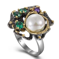 Best Buy Casual Jewelry Ring with Pearl Multi colorful stone Black Gold-color Fashion Unique Design Party Anniversary Gift Ring