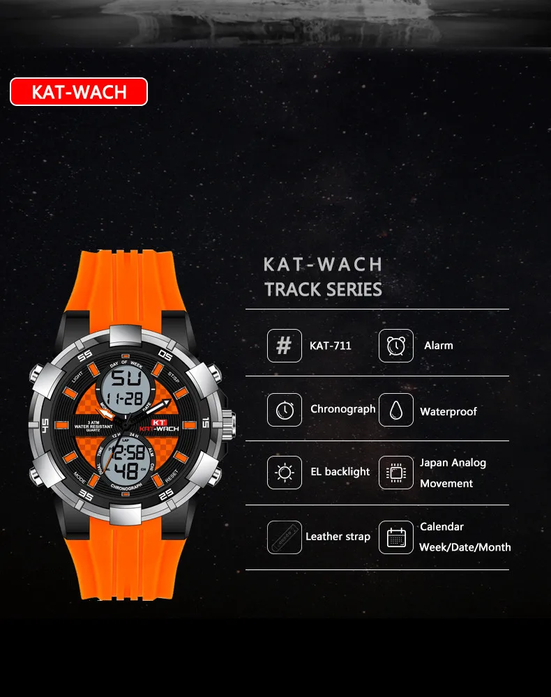 KAT-WACH мужские спортивные часы с подсветкой СВЕТОДИОДНЫЕ цифровые наручные часы Роскошные мужские кварцевые часы Relogio Masculino Digital KT711
