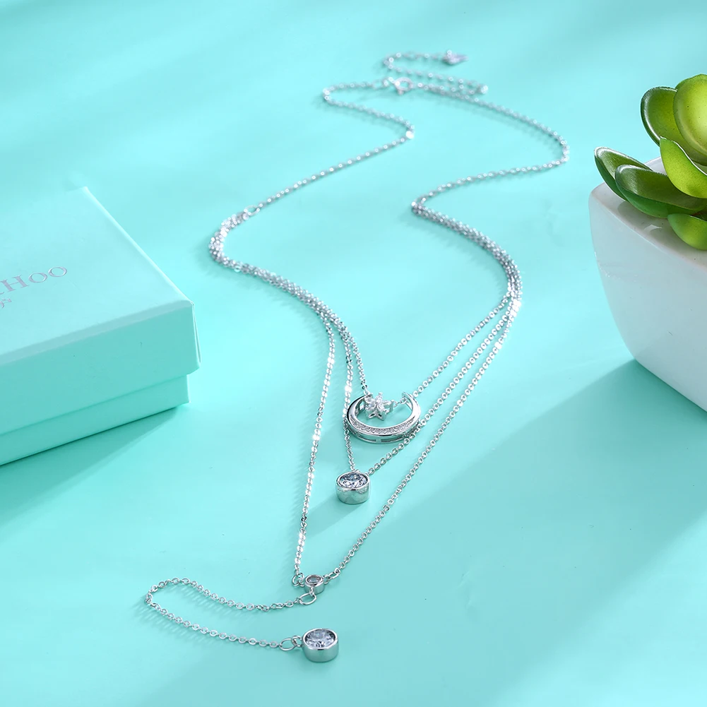 SILVERHOO 925 пробы Серебряное ожерелье с подвеской в виде Луны, цепочка для свитера, CZ Тройная цепочка, подарок для женщин и девочек, хорошее ювелирное изделие, колье