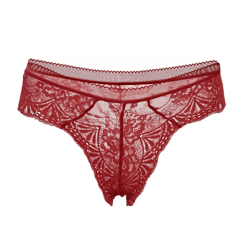 wine red Женское Эротическое заманчивое нижнее белье, сексуальные кружевные трусики с цветами, низкая талия, стринги, трусы, прозрачные, Т-образные, бесшовные, удобные трусы - Цвет: wine red