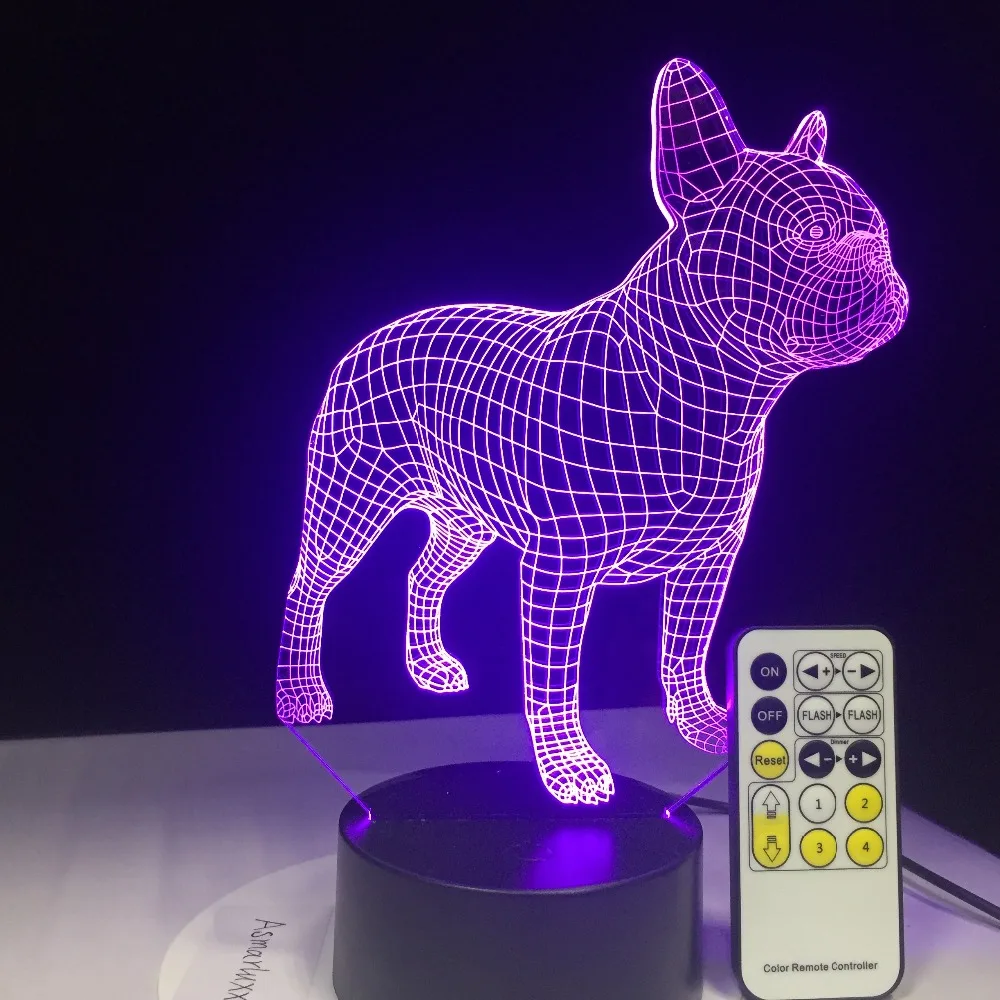 Французский бульдог 3D USB светодиодный ночник 3AA батарея мощность 7 цветов Изменение иллюзия Лампа сенсорный пульт дистанционного управления детская спальня лампа