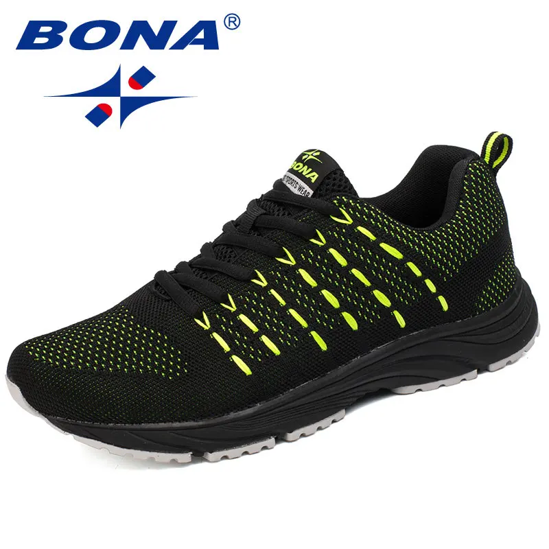 Green Black BONA/Новинка; Популярные стильные мужские кроссовки; сетчатые тканевые спортивные кроссовки; уличные беговые кроссовки на шнуровке; - Цвет: Green Black