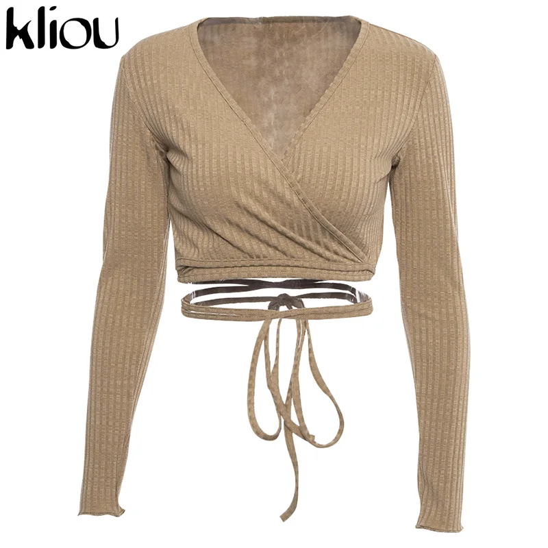 Weirdgirl New Knitted Full Sleeve Sexy Deep V-Neck T-Shirt Three Solid Colors Bandage Design Women Sexy Casual Short Crop Tops - Цвет: Khaki