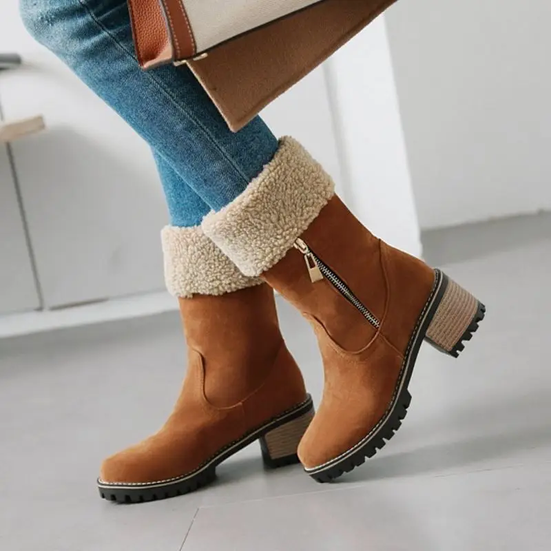 Taoffen Warm Fur Women Mid Calf Boots Simpe Round Toe Zipper Heels Shoes Comfortable Winter Footwear Size 33-44 | Обувь