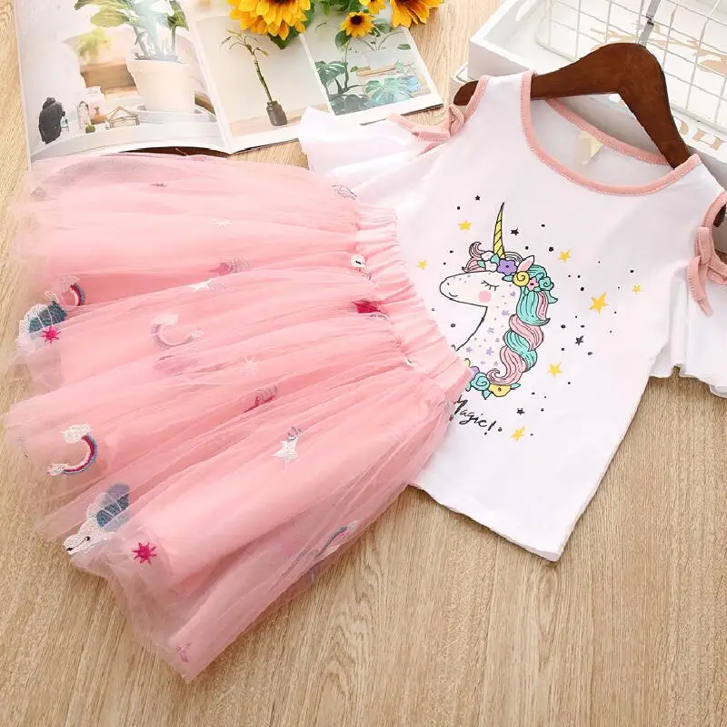Белый Toddler Kids Baby Girls Clothes Unicorn T-Shirt+Tulle Skirt 2PCS Birthday Outfits Suit Kids Children Summer Clothing Sets - Цвет: Белый