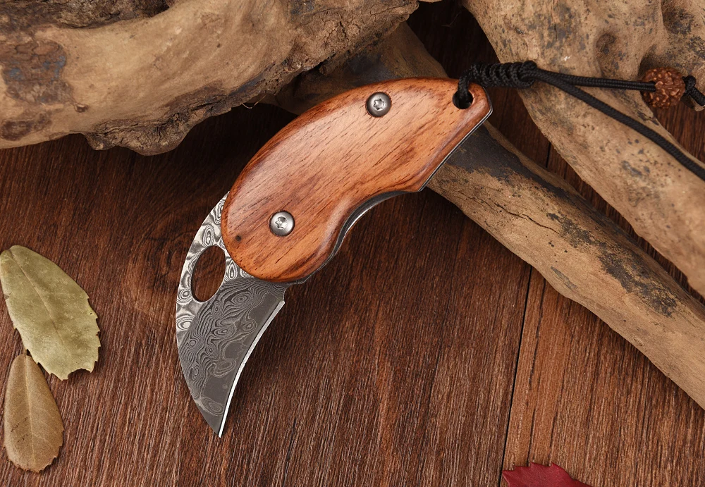 Настоящий дамасский карманный нож мини складные ножи karambit Открытый edc портативный инструмент VG10 core деревянная ручка hx Маленькая кожаная оболочка