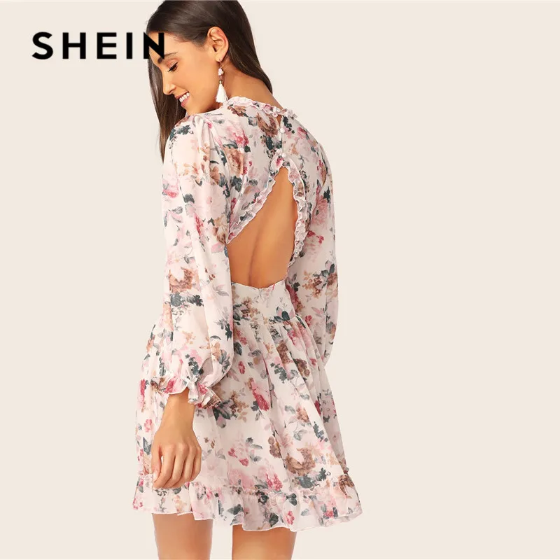 SHEIN модное платье с оборками на шее и цветочной отделкой, женское платье с открытой спиной, мини-платье с рукавом Бишоп, шифоновое весенне-летнее платье с высокой талией
