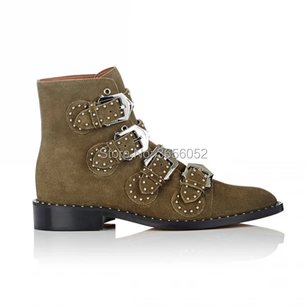 Qianruiti Botas Mujer Leather Suede Low Heel Ankle Boots For Women Autumn Shoes Casual Stone-Studded Buckle Straps Bota Feminina | Обувь