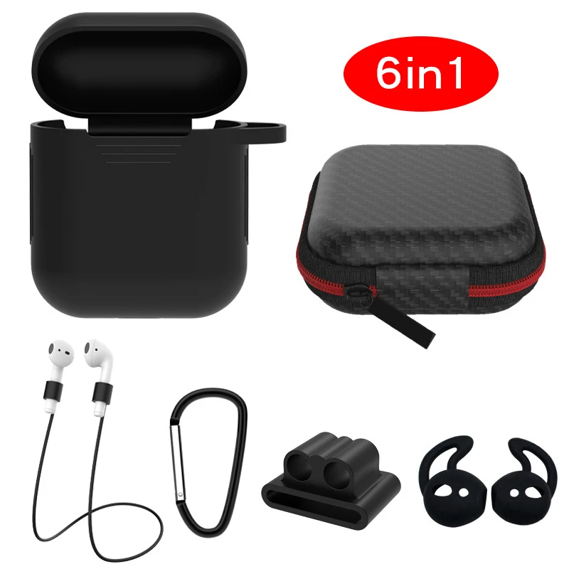 black Мини 6 шт. в 1 наборы для Airpods чехол защитный чехол милые наборы кольцо ремень крюк моталки держатель коробка набор Earpods силиконовый чехол - Цвет: black