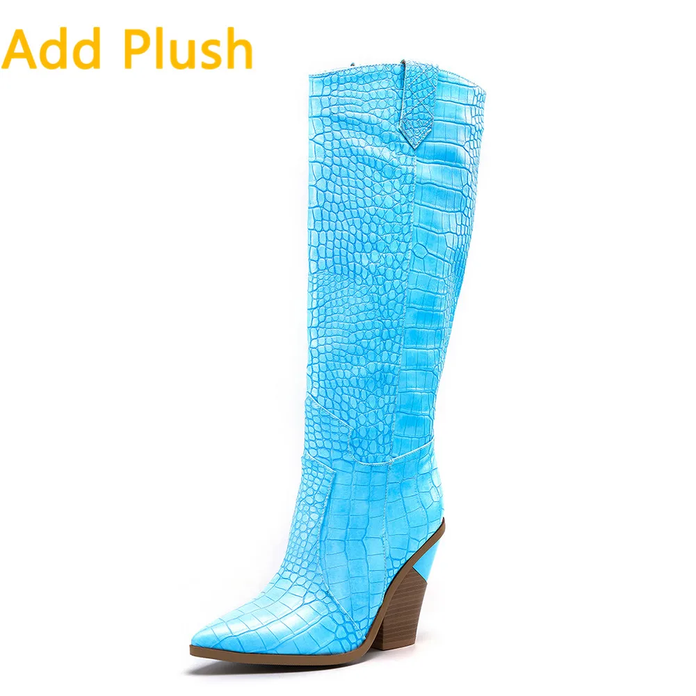 light blue add fur Г. большой размер 46, модные синие брендовые INS,, сапоги до колена на высоком массивном каблуке Женская обувь женские сапоги в западном стиле - Цвет: light blue add fur