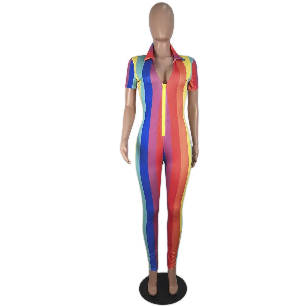 Rainbow Striped Rompers Womens Jumpsuit Summer Front Zipper Short Sleeve Bodycon Overall Streetwear Deep V Neck Skinny Bodysuits