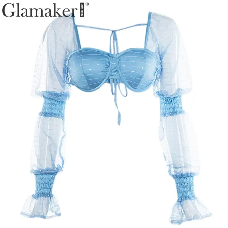 Glamaker, сетчатый прозрачный укороченный топ с квадратным воротником, женский сексуальный топ с открытой спиной и оборками, летняя повседневная женская уличная одежда, вечерние Клубные cami - Цвет: Синий
